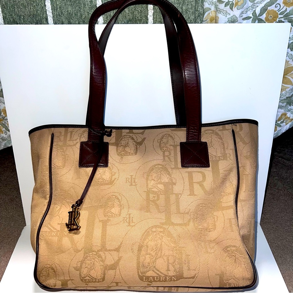 LAUREN RALPH LAUREN Jacquard Medium Size Tan Tote Bag with Brown Leather Trim